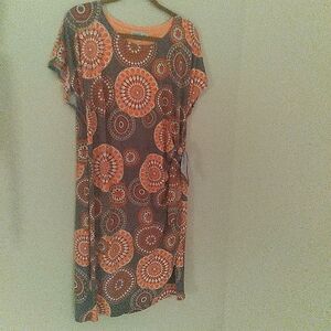 Robbie Bee Faux Wrap Orange Gray‎ Abstract Circle Allover Print Dress 1X